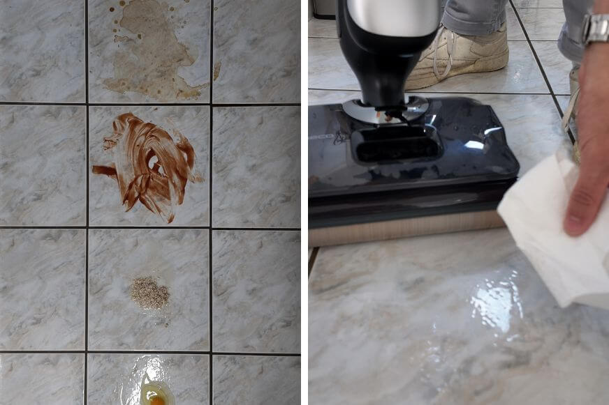 Der Tineco Floor One S9 Artist im Test reinigt den Boden bei eingetrocknetem Ketchup und Mayoflecken und hinterlässt sauberen Boden.